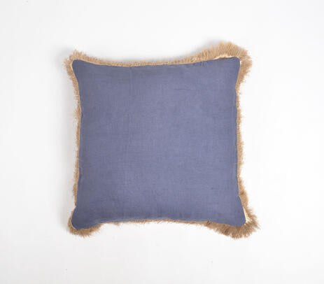 Solid Navy Cotton Linen Cushion Cover with Fringed Border