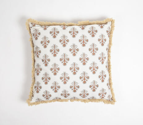 Block Printed Floral Cotton Fringed Cushion Cover