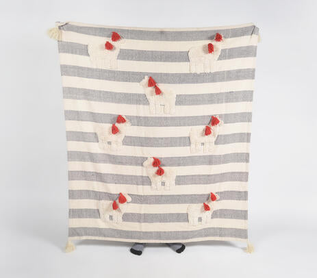 Striped & Embroidered Tasseled Ponies Cotton Throw