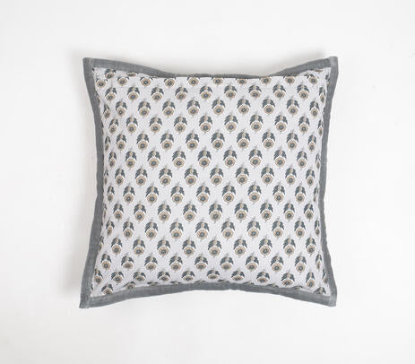 Floral Grey Cotton Cushion Cover with Piped Border
