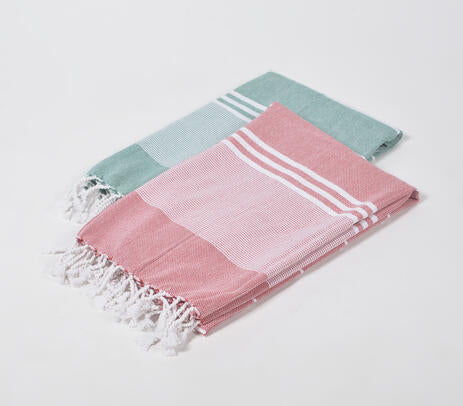 Handwoven Cotton Striped Sage & red Bath Towels (Set Of 2)