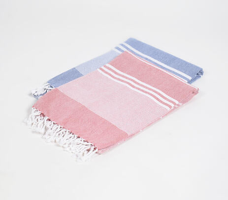 Handwoven Cotton Striped Red & Periwinkle Bath Towels (Set Of 2)