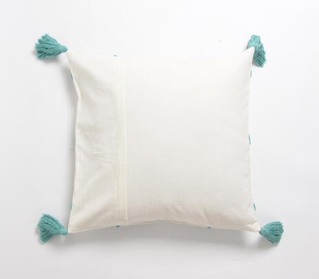 Embroidered Teal Tasseled Cushion Cover
