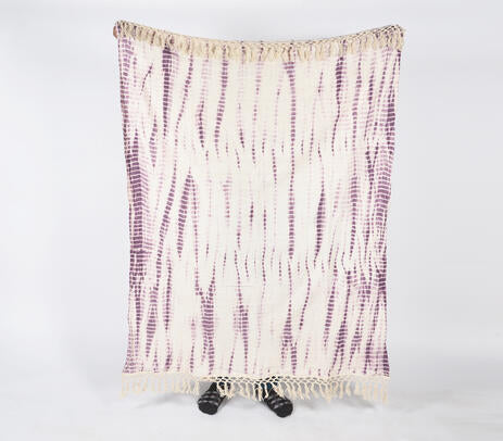 Shibori Tie-and-Dye Mauve Cotton Throw with Tassels