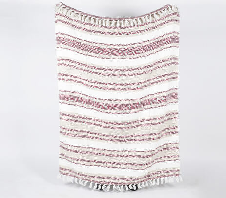 Handwoven Cotton Geometric-Striped Throw with Tassels
