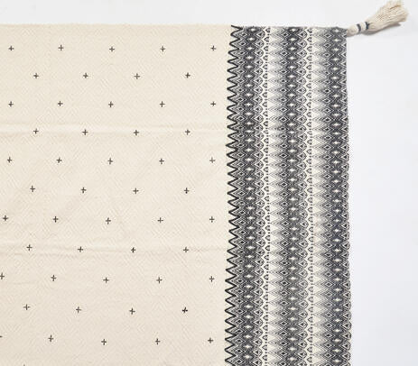 Handwoven Cotton Monochrome Geometric Tasseled Throw