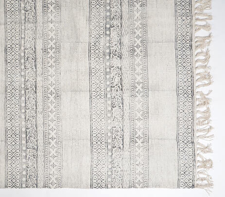 Greyscale Block Printed Cotton Tasseled Rug