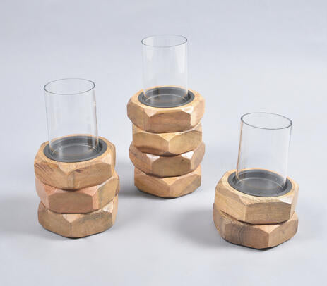Hand Carved Stacked Mango Wood & Glass Candle Holders (Set of 3)