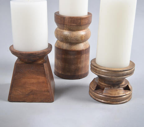 Set Of 3 Rustic Cylindrical Mango Wood Candle Holders Brown
