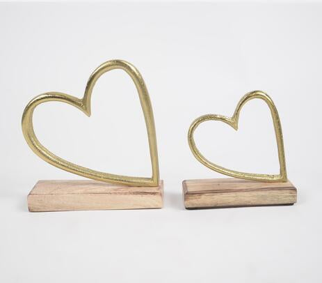 Aluminium Hearts With Wooden Base (set of 2)