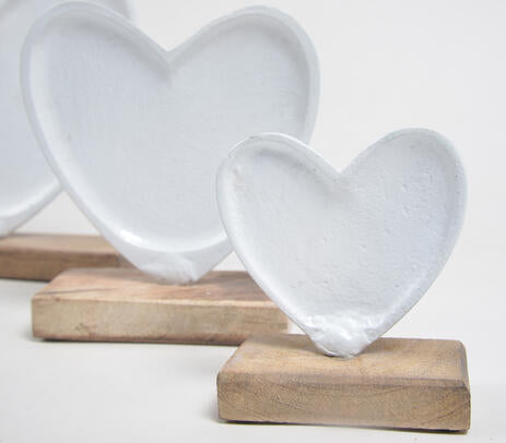 Enamelled Iron Hearts with Wooden Base (set of 3)