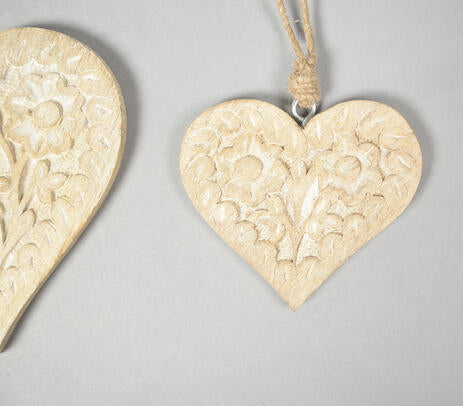 Floral Hand Carved Wooden Hanging Hearts (Set of 2)
