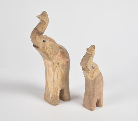 Raw Hand Carved Wooden Elephant Figurines (Set of 2)