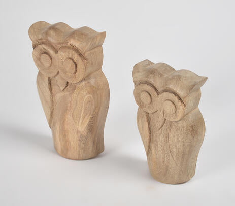 Raw Hand Carved Wooden Owl Figurines (Set of 2)