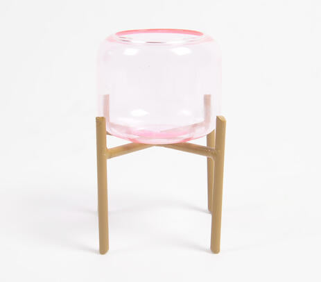 Berry Pink Glass Candle Holder with Metal Stand