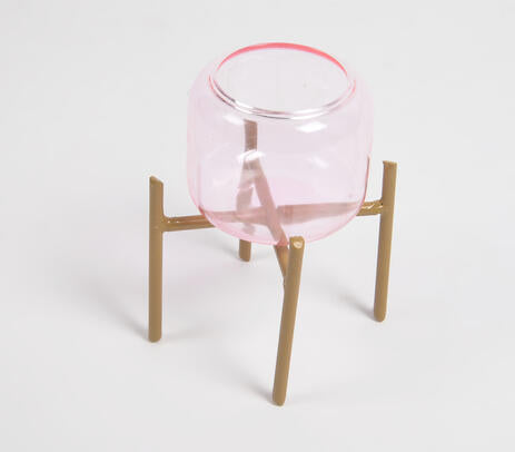 Berry Pink Glass Candle Holder with Metal Stand