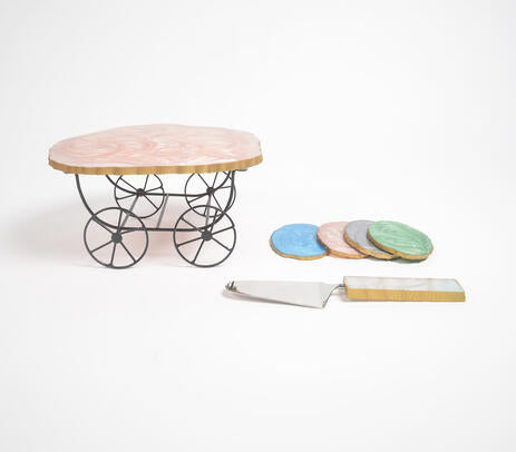 Set of Handcrafted Resin Cake Stand & Cake Server with 4 Coasters