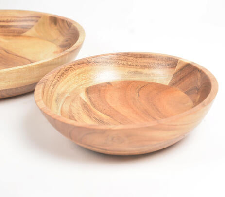 Earthy Natural Turned Acacia Wood Pasta Bowls (Set of 2)