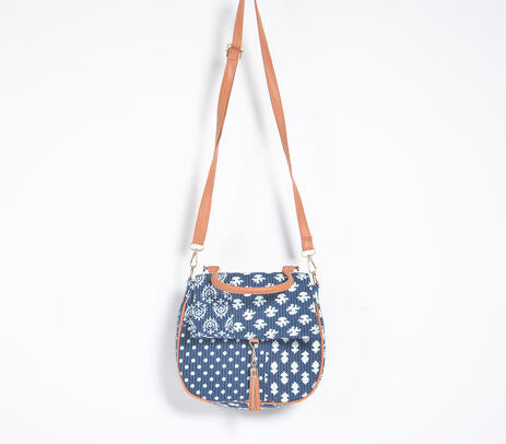Floral Indigo Printed Handbag with Tassel