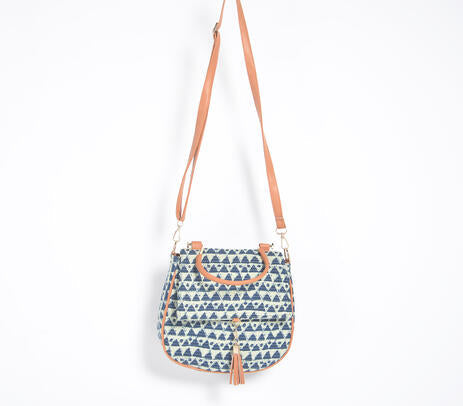 Indigo Triangle Printed Handbag with Tassel