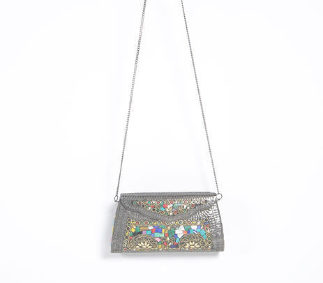 Mosaic Antique Silver-Toned Metal Clutch with Chain Sling