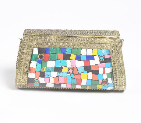 Mosaic Antique Golden-Toned Metal Clutch with Chain Sling