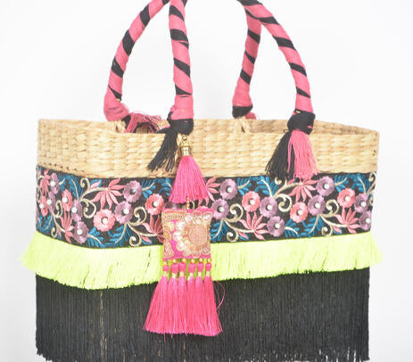 Fringed Floral Basket Woven Cane Black Handbag