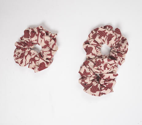 Block Printed Scarlet Floral Scrunchie Hair Ties (set of 3)