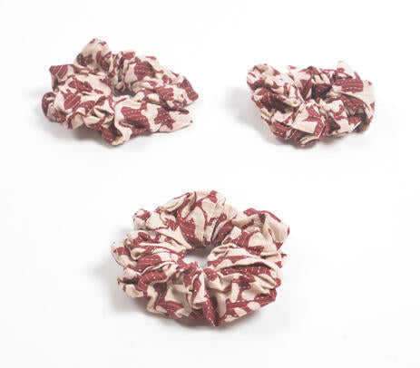Block Printed Scarlet Floral Scrunchie Hair Ties (set of 3)