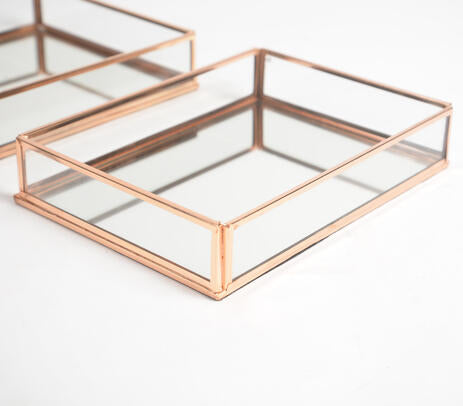 Minimal Rose-gold Metal & Glass Vanity Trays with Mirror Base (set of 2)