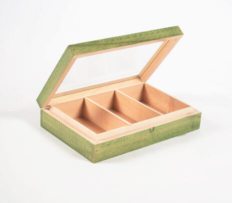 Hand Cut Steam Beech Wood Green Jewelry Box - 3 Compartments