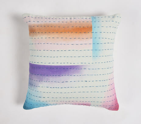 Splashy Watercolor  Cotton Cushion Cover with Line Embroidery