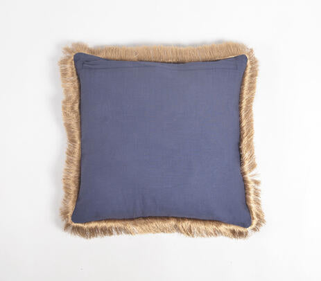 Solid Navy Cotton Linen Cushion Cover with Fringed Border