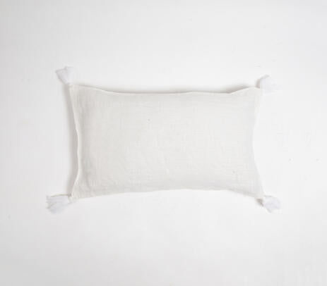 Dyed Monotone White Cotton Lumbar Tasseled Cushion Cover