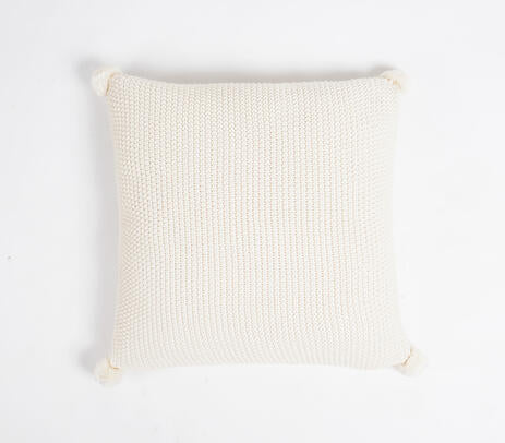 Knitted Cotton Cream Cushion Cover with Pom-Poms