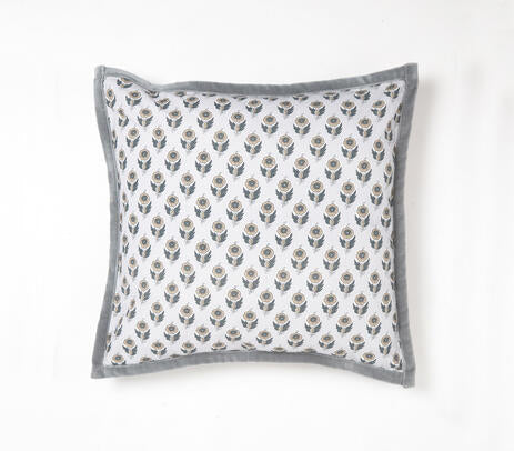 Floral Grey Cotton Cushion Cover with Piped Border