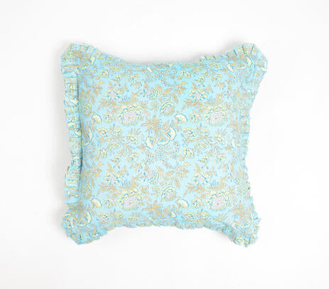 Floral Garden Blue Cotton Cushion Cover with Frilled Border