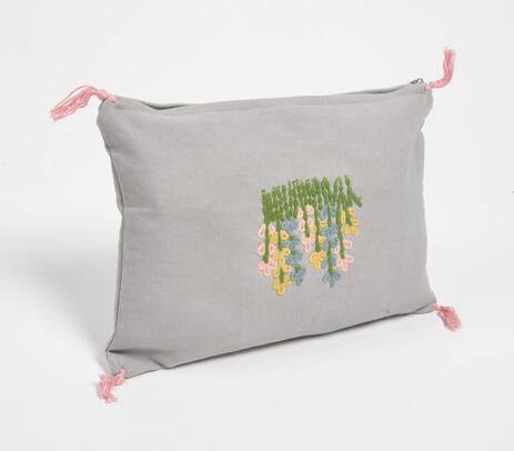 Floral Bush embroidered Slub Lumbar Cushion Cover