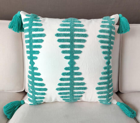 Embroidered Teal Tasseled Cushion Cover