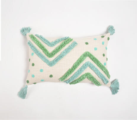 Handwoven Cotton Shaggy Tufted Blue & Green Cushion Cover