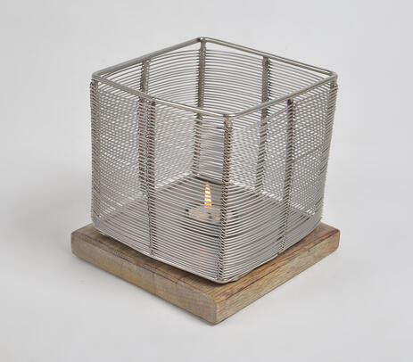 Iron Wired Tea Light Holder With Wooden Base