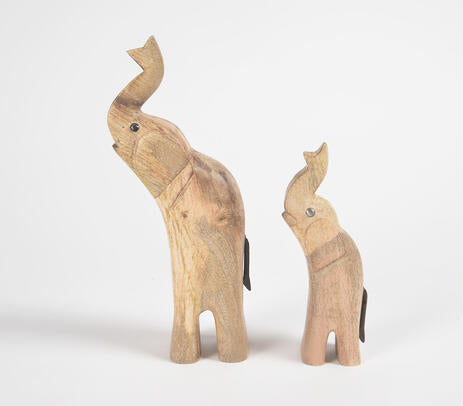 Raw Hand Carved Wooden Elephant Figurines (Set of 2)