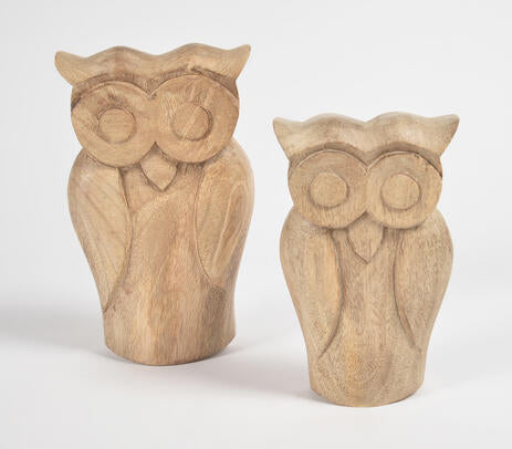 Raw Hand Carved Wooden Owl Figurines (Set of 2)