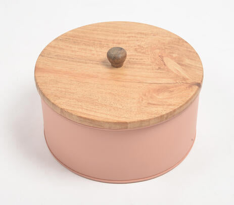 Galvanized Iron Round Bread Box with Wooden Lid