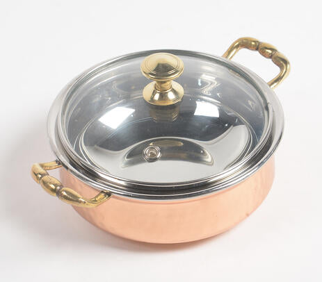 Handcrafted Steel Copper Casserole with Glass Lid (Dia 6.8")