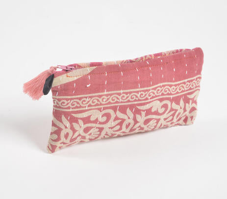 Hand Stitched Upcycled Fabric Pink Pouch