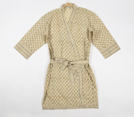 Leaf Block Printed Kimono with Colt Tie Up Belt
