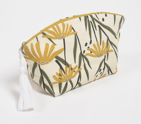 Yellow Floral Print Beige Pouch