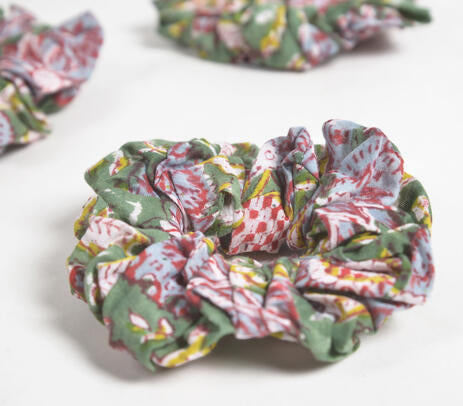 Floral Sage & Pink Block Printed Scrunchie hair ties (set of 3)