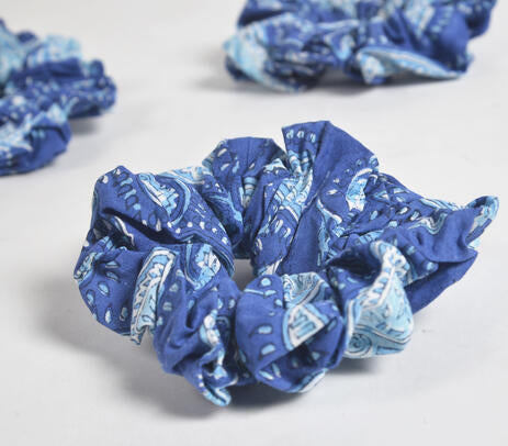 Indigo Paisley Block Printed Scrunchie hair ties (set of 3)